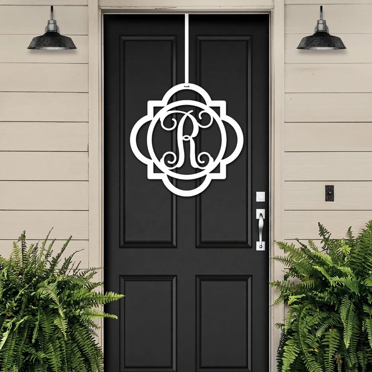 Elegante corona de puerta para tu hogar — Letrero metálico frontal personalizado para todas las estaciones