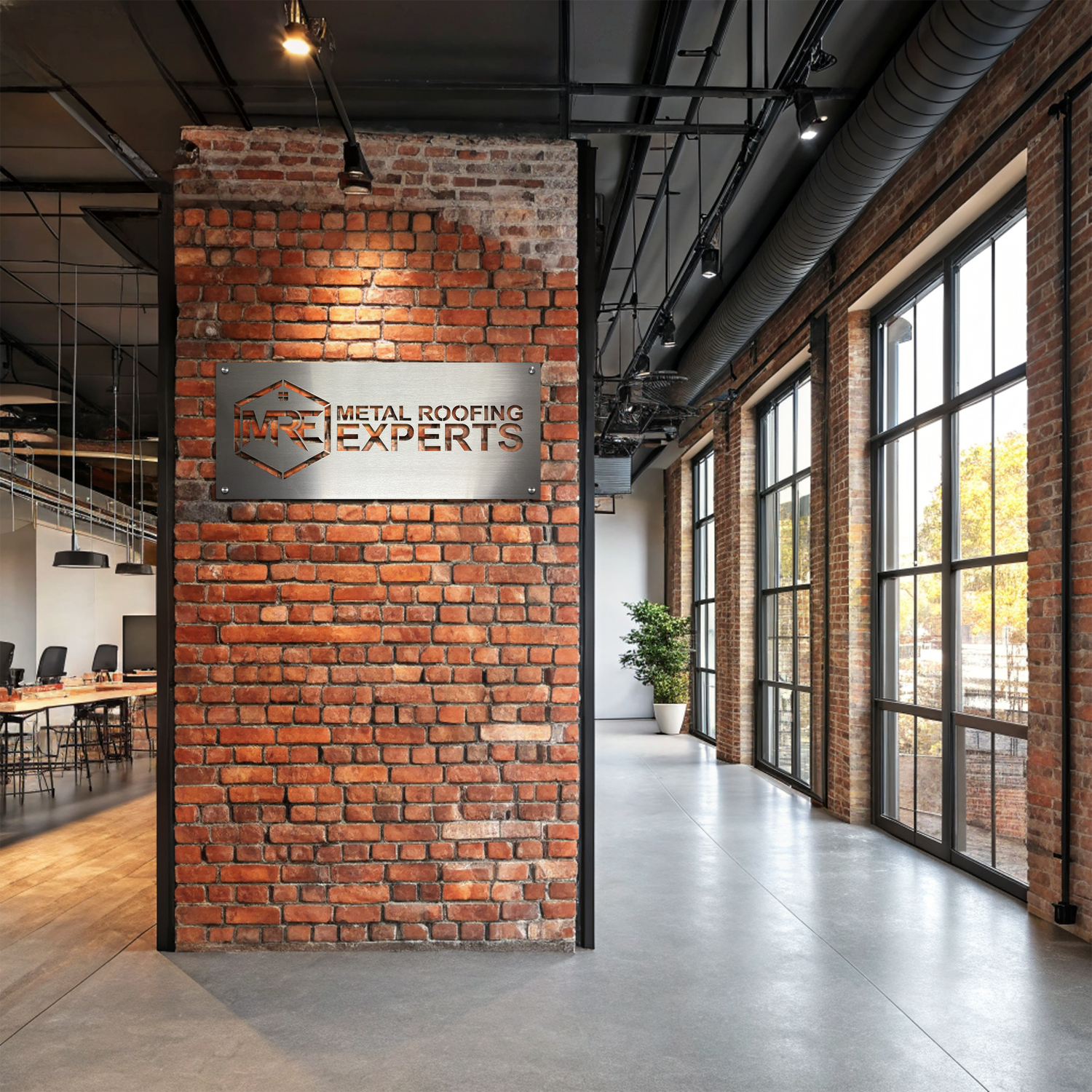 Indoor business sign crafted from brushed aluminum, offering a modern and professional appearance.
