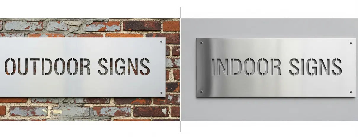 Two metal signs labeled 'Outdoor Signs' and 'Indoor Signs' on a brick wall and white background respectively.