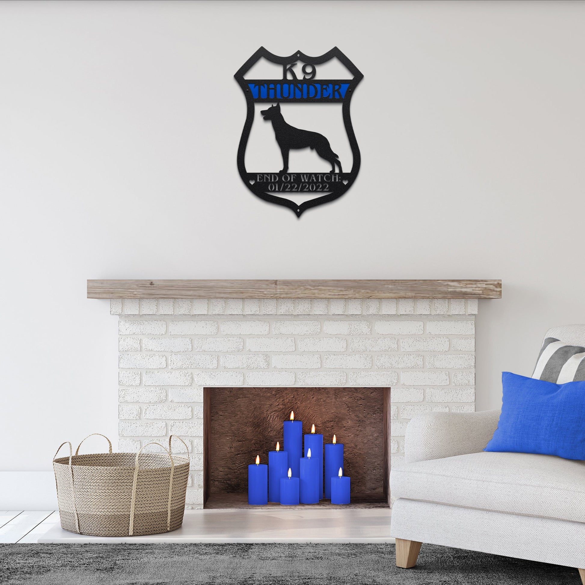 K9 police badge address sign – personalized Belgian Malinois metal plaque for house or fence