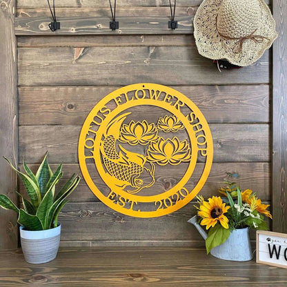 Koi Pond and Lotus Flower Metal Sign - Custom Metal House Number Plaque - Perfect for Outdoor Decor in Gardens, Yards, or Farms - Ideal Housewarming Gift for Animal Lovers - HouseSensationsArt