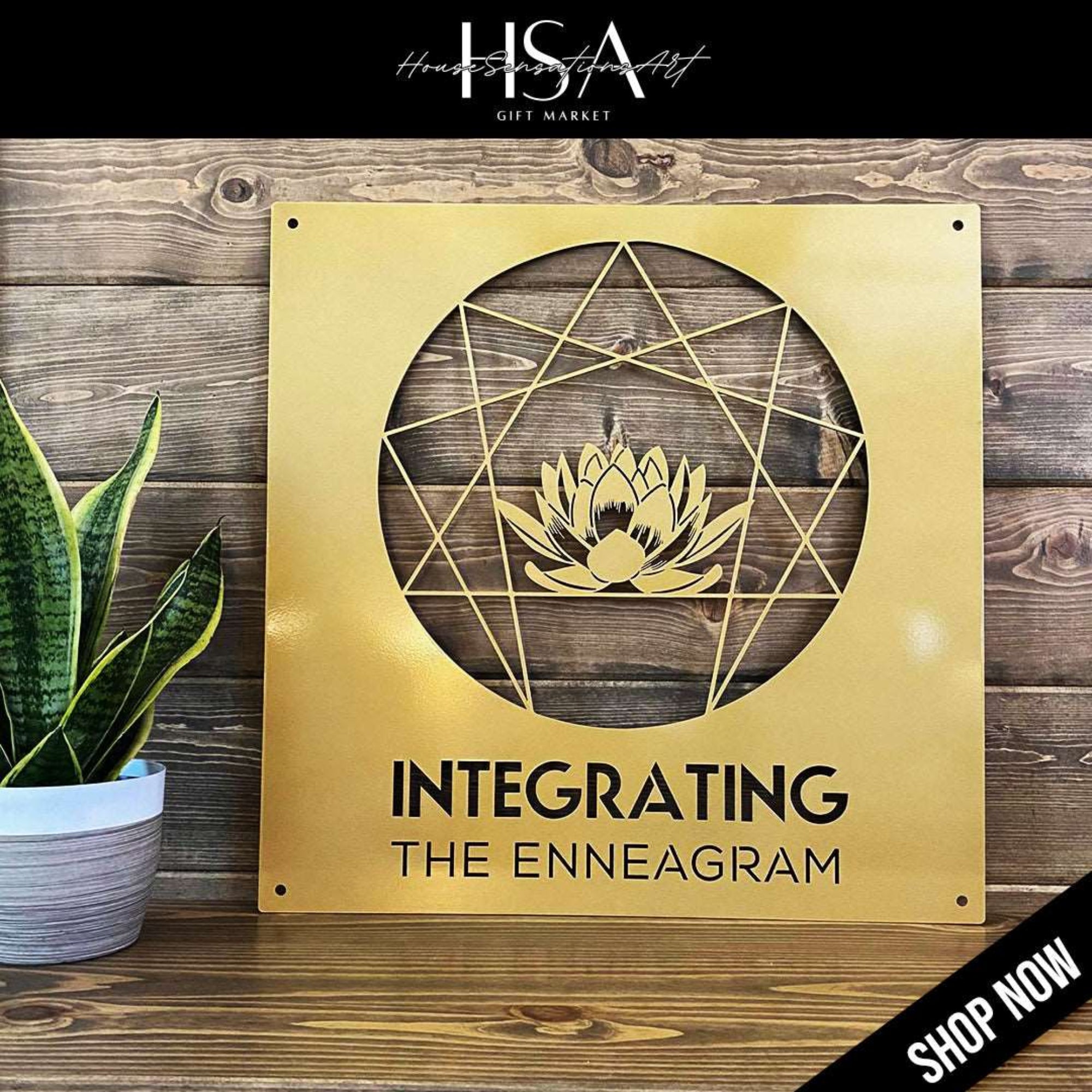 Large custom laser-cut metal business logo sign with geometric design and text on a wooden surface, ideal for office or storefront décor – House Sensations Art.