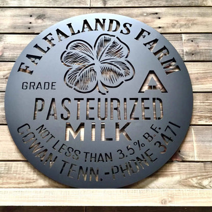 Large custom laser-cut metal business logo sign with "Falfalands Farm" branding on a wooden background, perfect for office, storefront, or wall décor – House Sensations Art.