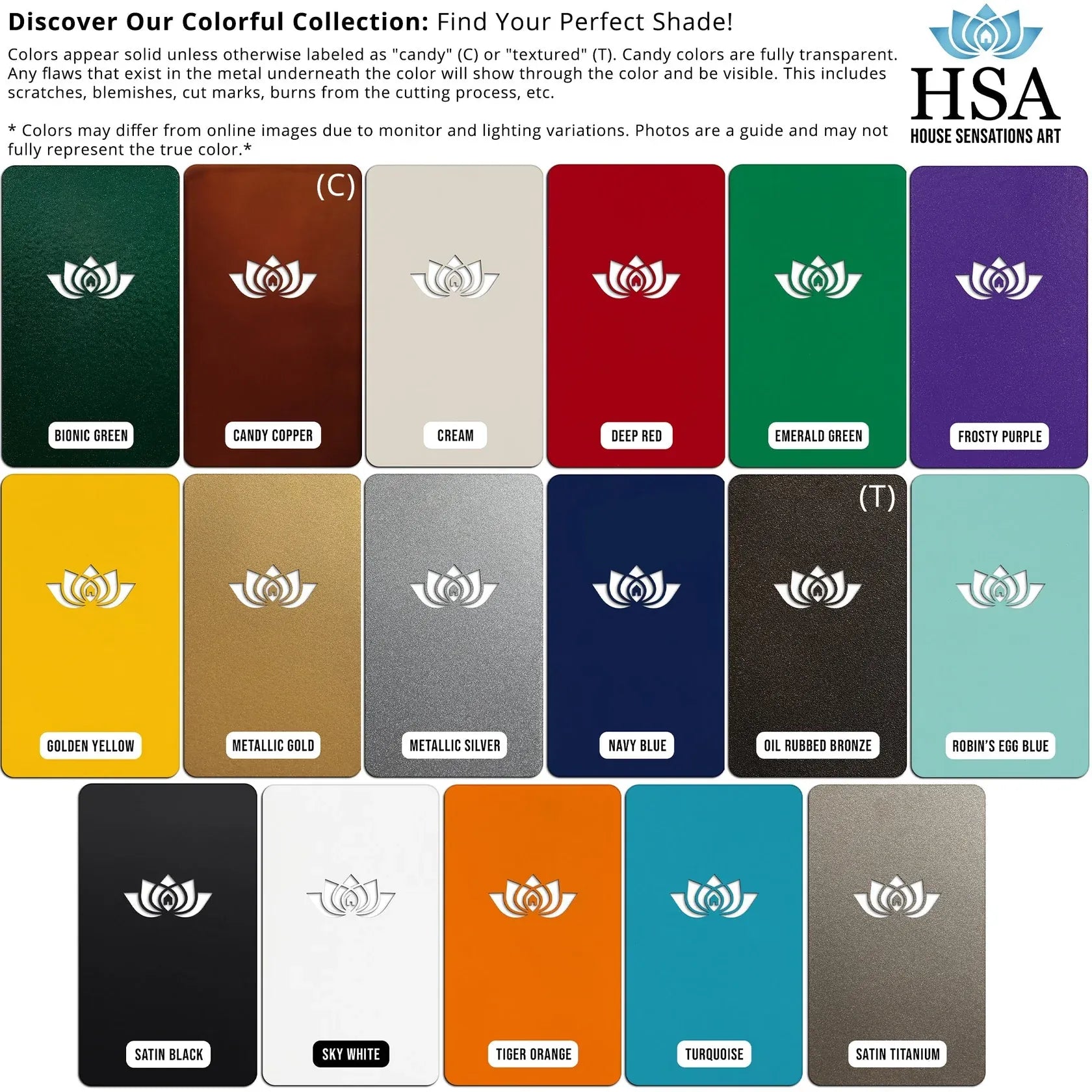 Powder coat color chart showing finishes: Candy or Textured, with colors ranging from bionic green to satin titanium.