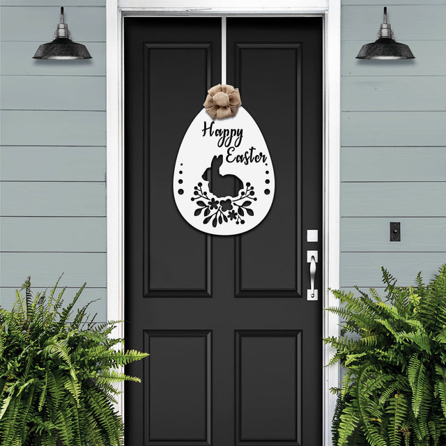 Laser cut Easter egg welcome sign with Happy Easter text and floral trim, seasonal entryway metal wall decor
