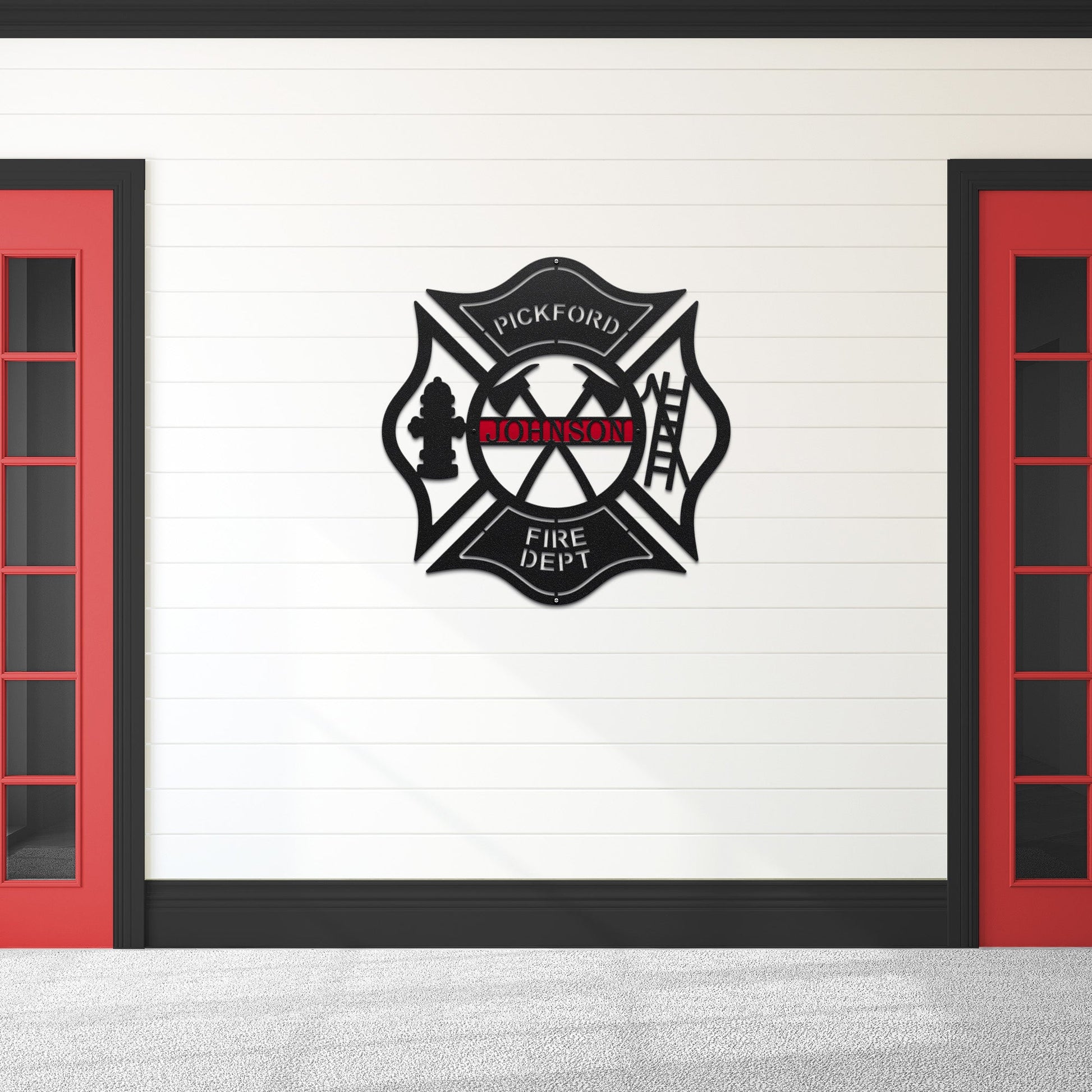 Laser cut Maltese cross address sign – firefighter-themed personalized name plaque for entryway.