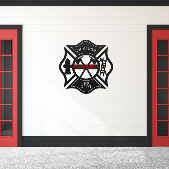 Laser cut Maltese cross address sign – firefighter-themed personalized name plaque for entryway.