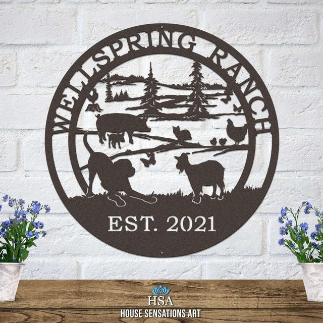 Laser cut metal barn sign featuring farm animals, ideal for personalized rural home wall art.