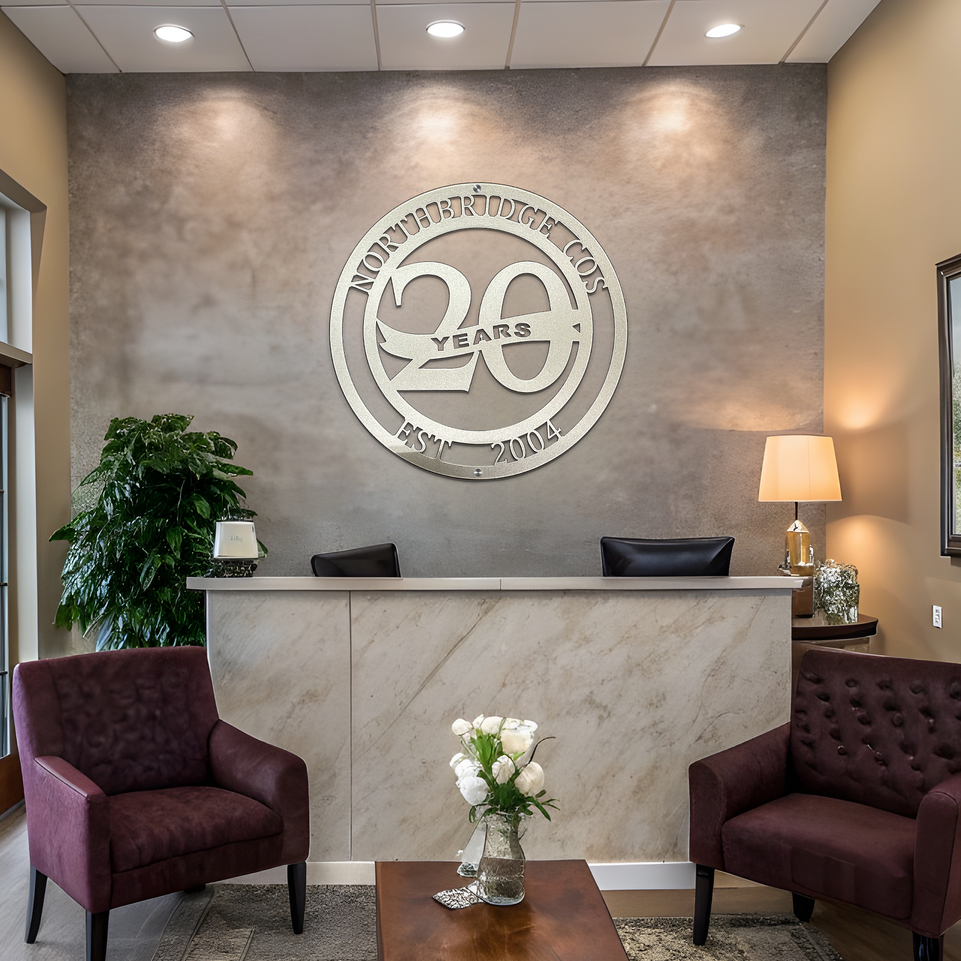 Elegant laser-cut metal business anniversary sign made from premium American steel with the year of establishment.