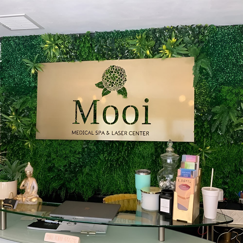 Custom metal office and storefront sign featuring laser-cut “Mooi Medical Spa & Laser Center” logo, steel wall décor with lush green plants in the background.
