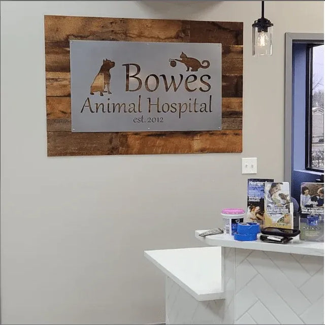 Steel sign reads “Bowes Animal Hospital est. 2012” with dog and cat silhouettes, mounted on wood wall in reception area.