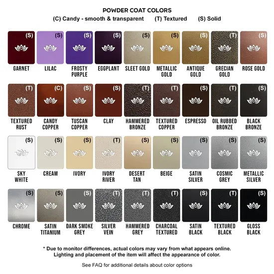 Powder coat color chart showing Candy or Textured finishes with shades ranging from garnet to gloss black.