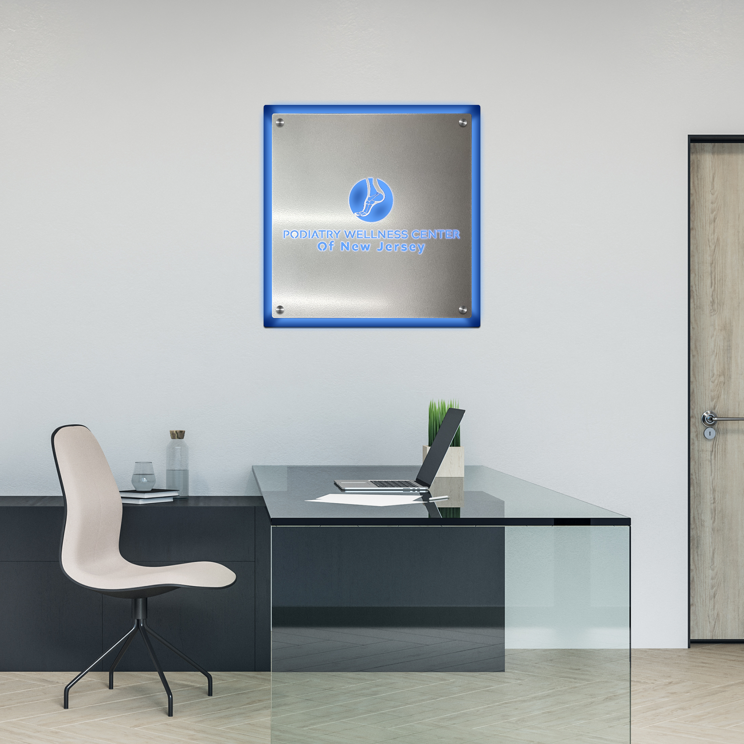 LED backlit 3D business metal logo sign with custom backplate design, crafted to enhance business success.
