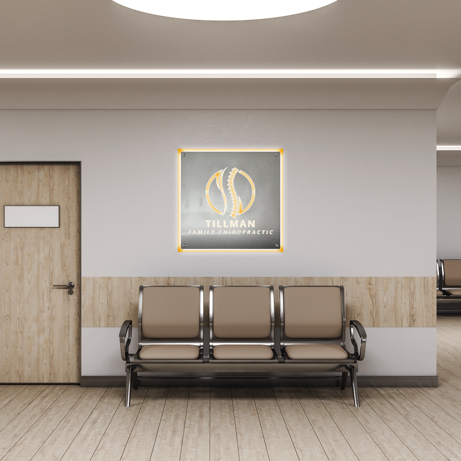 LED backlit 3D business metal logo sign with custom backplate design, recommended for professional business use.