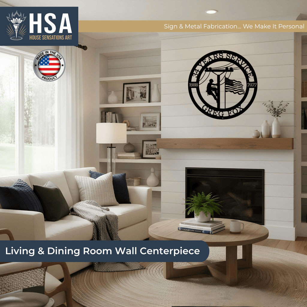 Living room with personalized lineman metal sign, service date, American flag, utility worker silhouette, wall-mounted HSA metal art decor