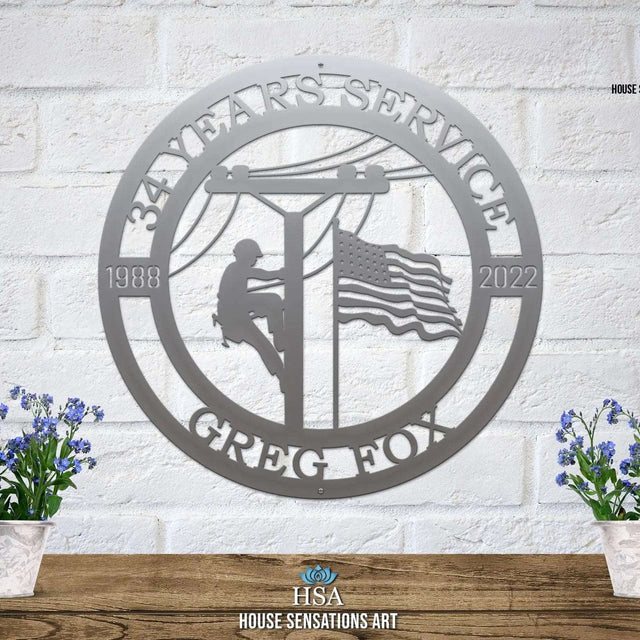 Lineman Metal Sign with Date of Service – Personalized Wall Art Plaque - HouseSensationsArt
