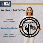 Woman holding personalized lineman metal sign, 34 years service, American flag, utility worker silhouette, custom HSA House Sensations Art wall art gift