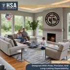 Living room with family, personalized lineman metal sign with service date, American flag, HSA logo, Made in America wall art decor