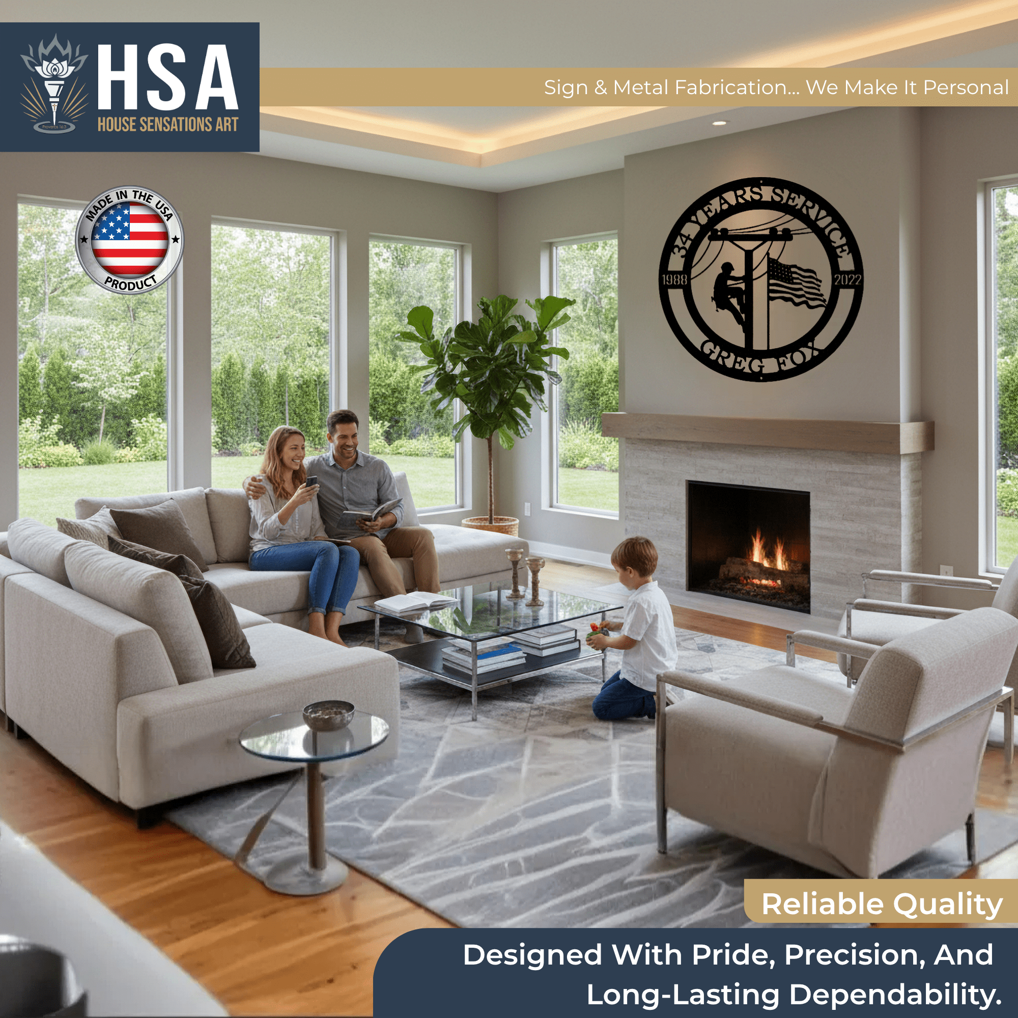 Living room with family, personalized lineman metal sign with service date, American flag, HSA logo, Made in America wall art decor