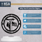 Personalized lineman metal sign, 34 years of service, American flag, utility worker silhouette, custom HSA metal wall art plaque on gray background