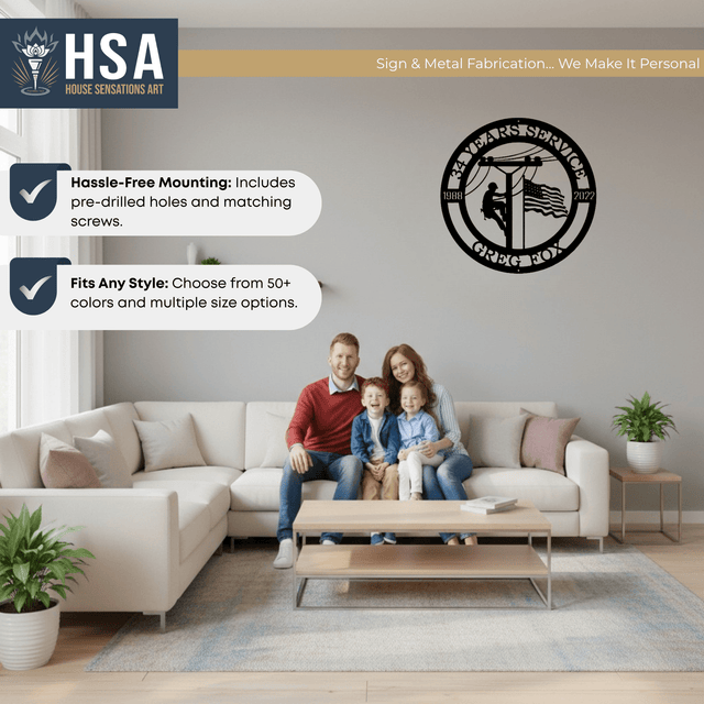 Lineman Metal Sign with Date of Service – Personalized Wall Art Plaque - HouseSensationsArt