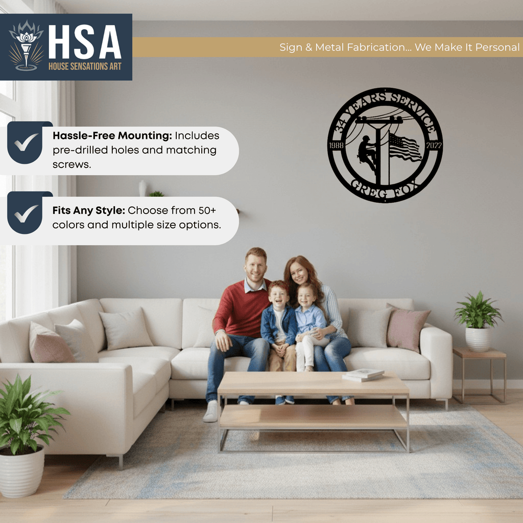 Family living room with couch seating, personalized lineman metal wall art plaque, service date sign, American flag decor, HSA House Sensations Art branding