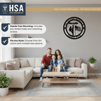 Family living room with couch seating, personalized lineman metal wall art plaque, service date sign, American flag decor, HSA House Sensations Art branding