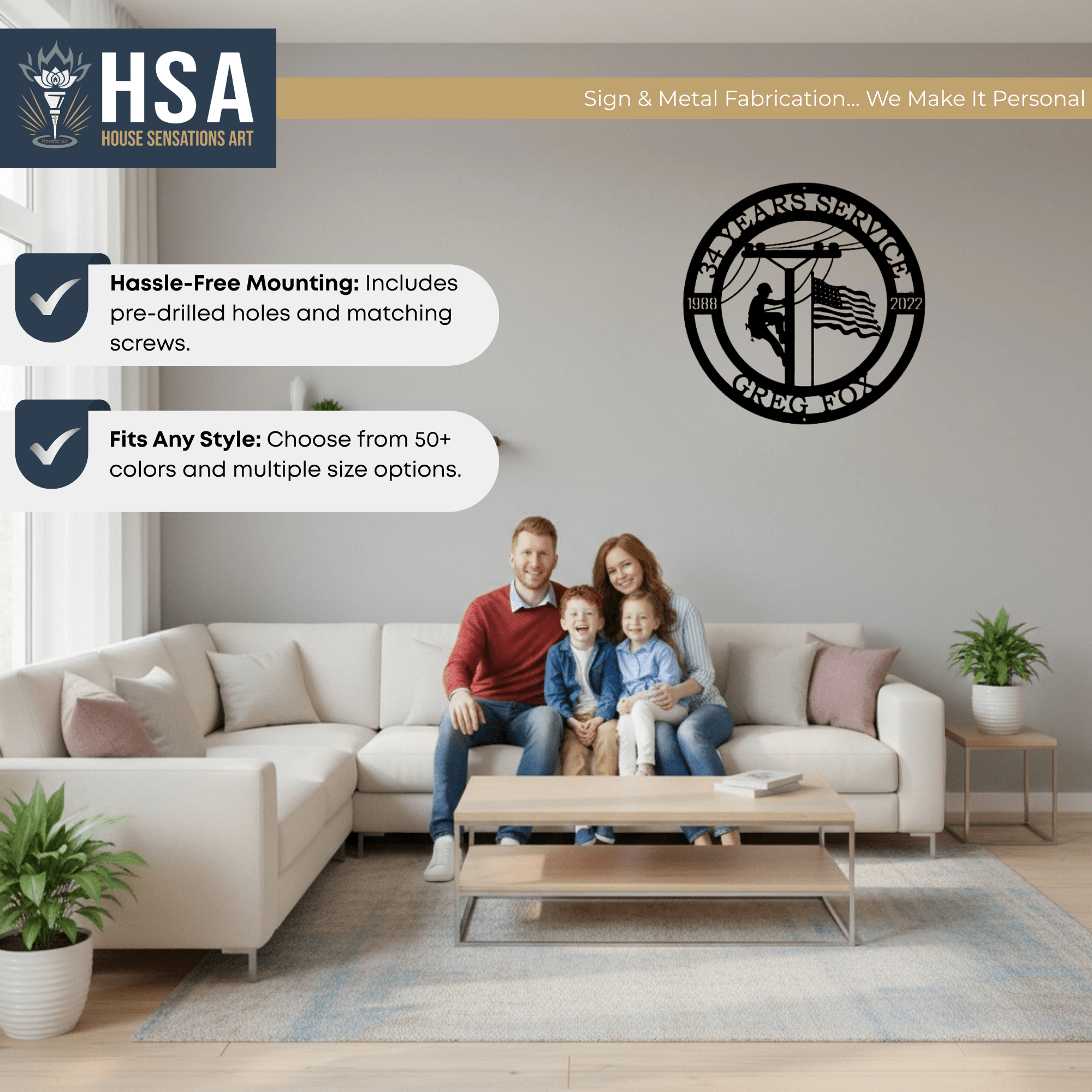 Family living room with couch seating, personalized lineman metal wall art plaque, service date sign, American flag decor, HSA House Sensations Art branding