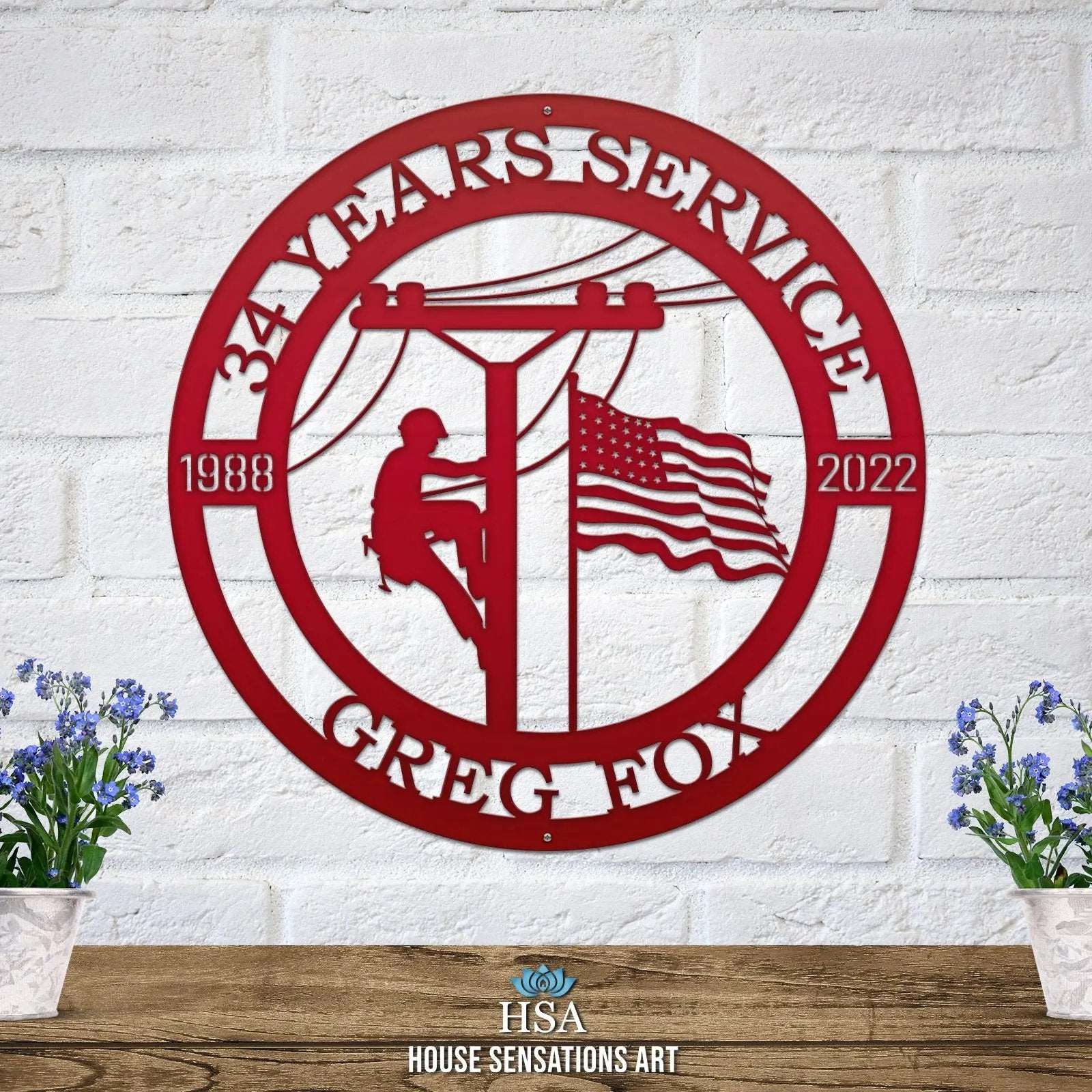 Lineman Metal Sign with Date of Service – Personalized Wall Art Plaque - HouseSensationsArt