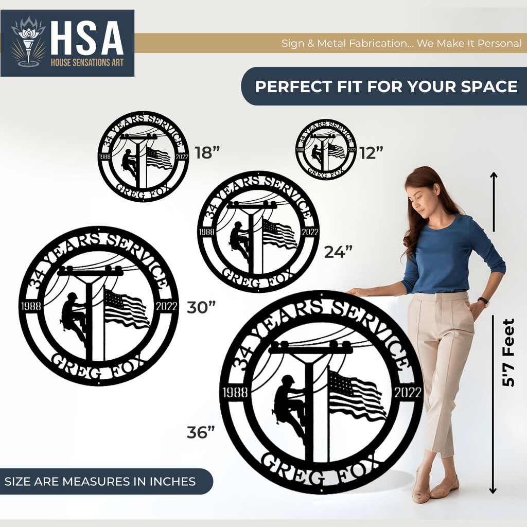 Personalized metal art by House Sensations Art displayed with size options 12", 18", 24", 30", and 36", shown with a woman for scale to highlight dimensions, design details, and durable metal craftsmanship.