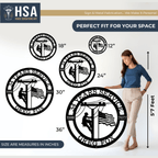 Personalized metal art by House Sensations Art displayed with size options 12", 18", 24", 30", and 36", shown with a woman for scale to highlight dimensions, design details, and durable metal craftsmanship.