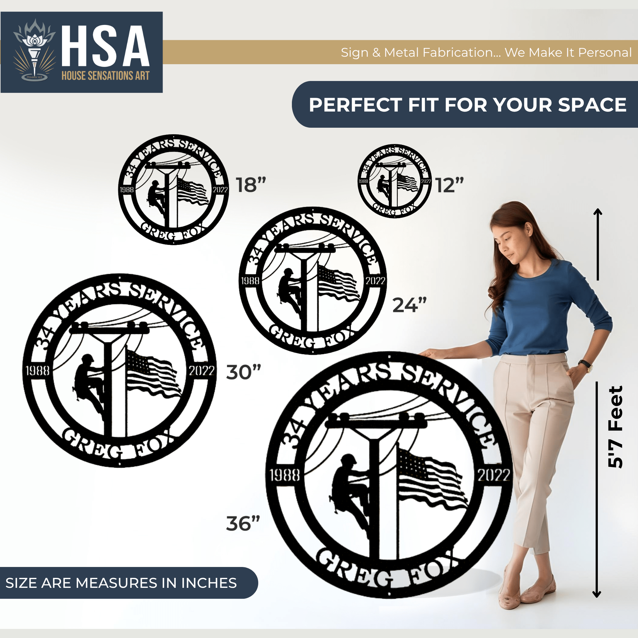 Personalized metal art by House Sensations Art displayed with size options 12", 18", 24", 30", and 36", shown with a woman for scale to highlight dimensions, design details, and durable metal craftsmanship.