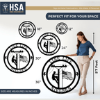 Metal wall art pieces featuring the “HSA” logo, displayed with a person for scale and dimensions indicated, highlighting size, design details, and industrial-style craftsmanship.