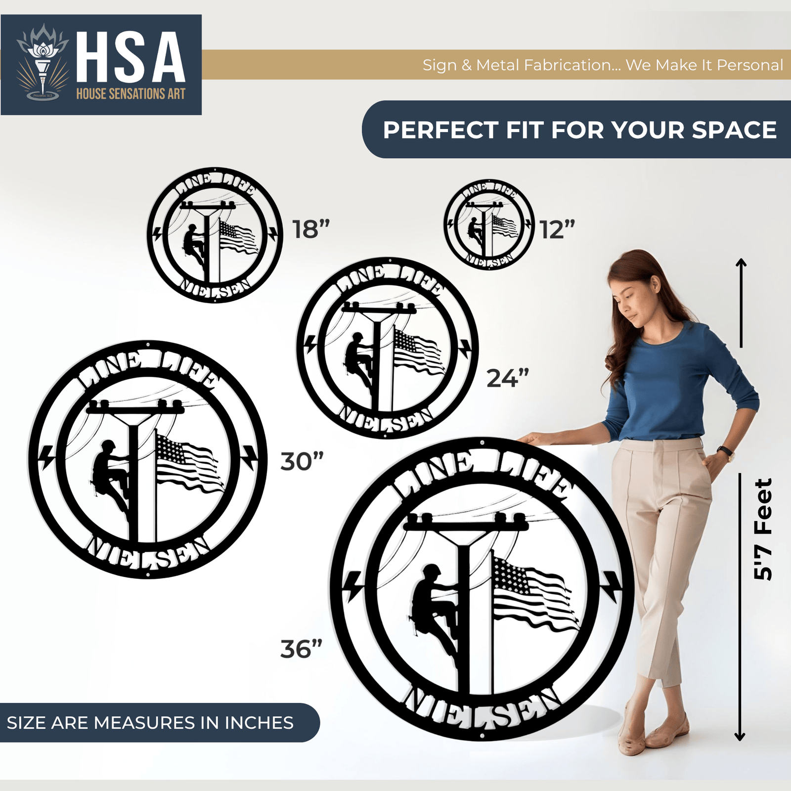 Metal wall art pieces featuring the “HSA” logo, displayed with a person for scale and dimensions indicated, highlighting size, design details, and industrial-style craftsmanship.