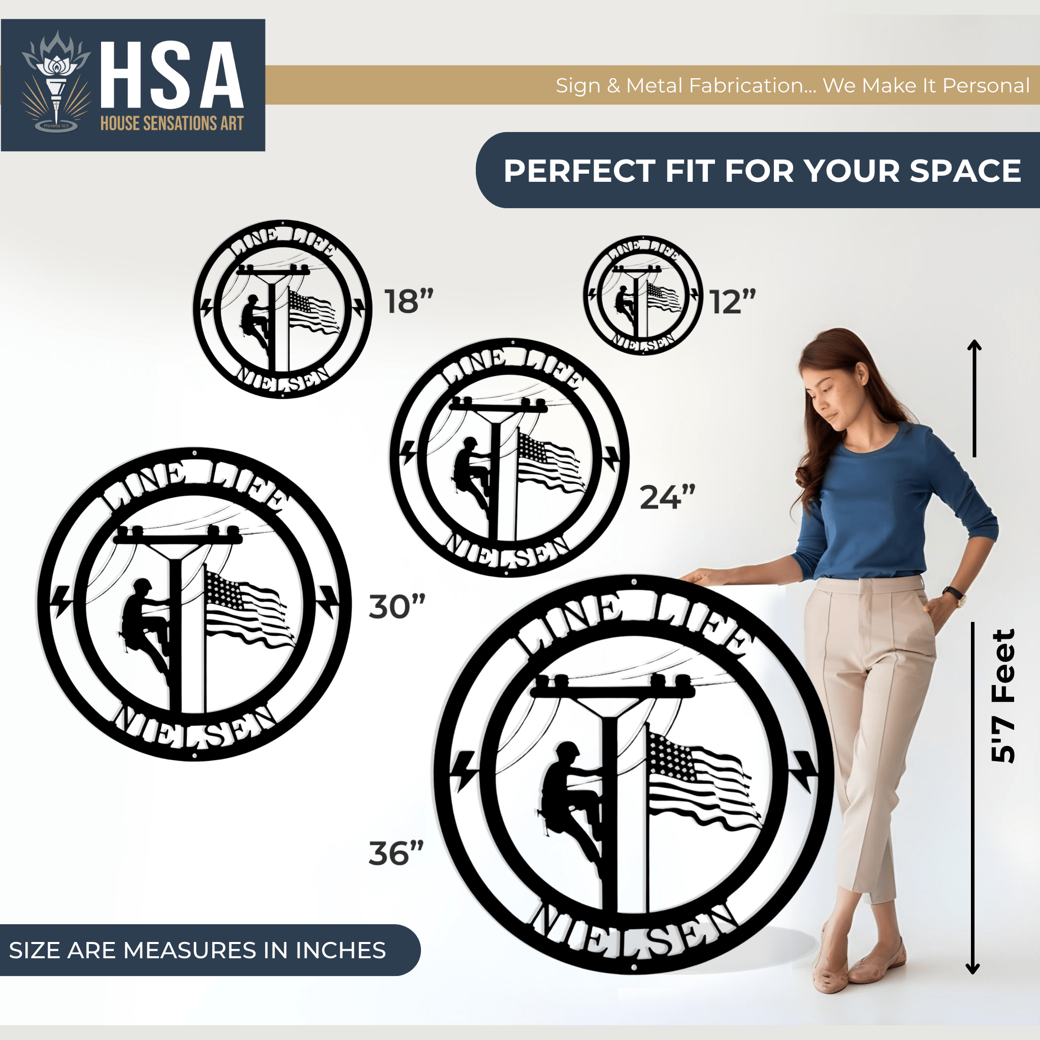 Metal wall art pieces featuring the “HSA” logo, displayed with a person for scale and dimensions indicated, highlighting size, design details, and industrial-style craftsmanship.