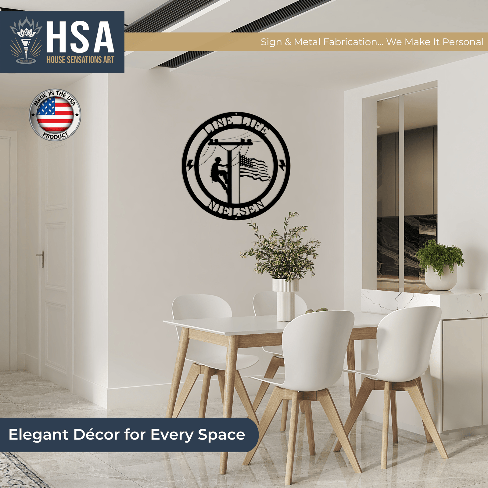 Dining room featuring a metal wall art piece with a person and flag design, branded “HSA,” displayed on the wall as a patriotic and industrial-style décor element.