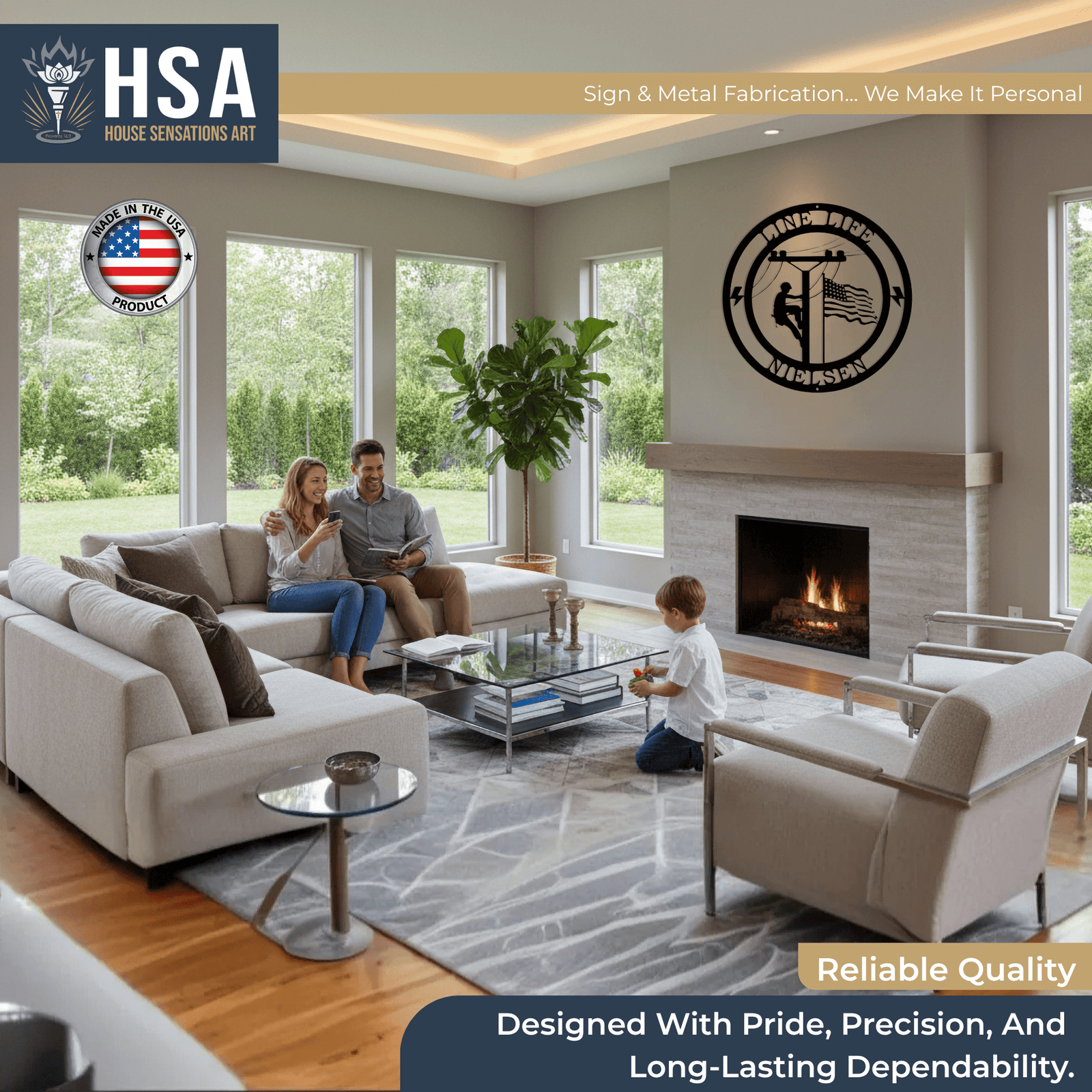 Living room with a family gathered, featuring a fireplace, large windows, and an “HSA” logo displayed, creating a warm, inviting, and branded home environment.
