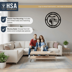 Family sitting on a couch in a living room with a lineman metal wall art piece displayed on the wall, creating a warm, inviting, and industrial-style home décor setting.