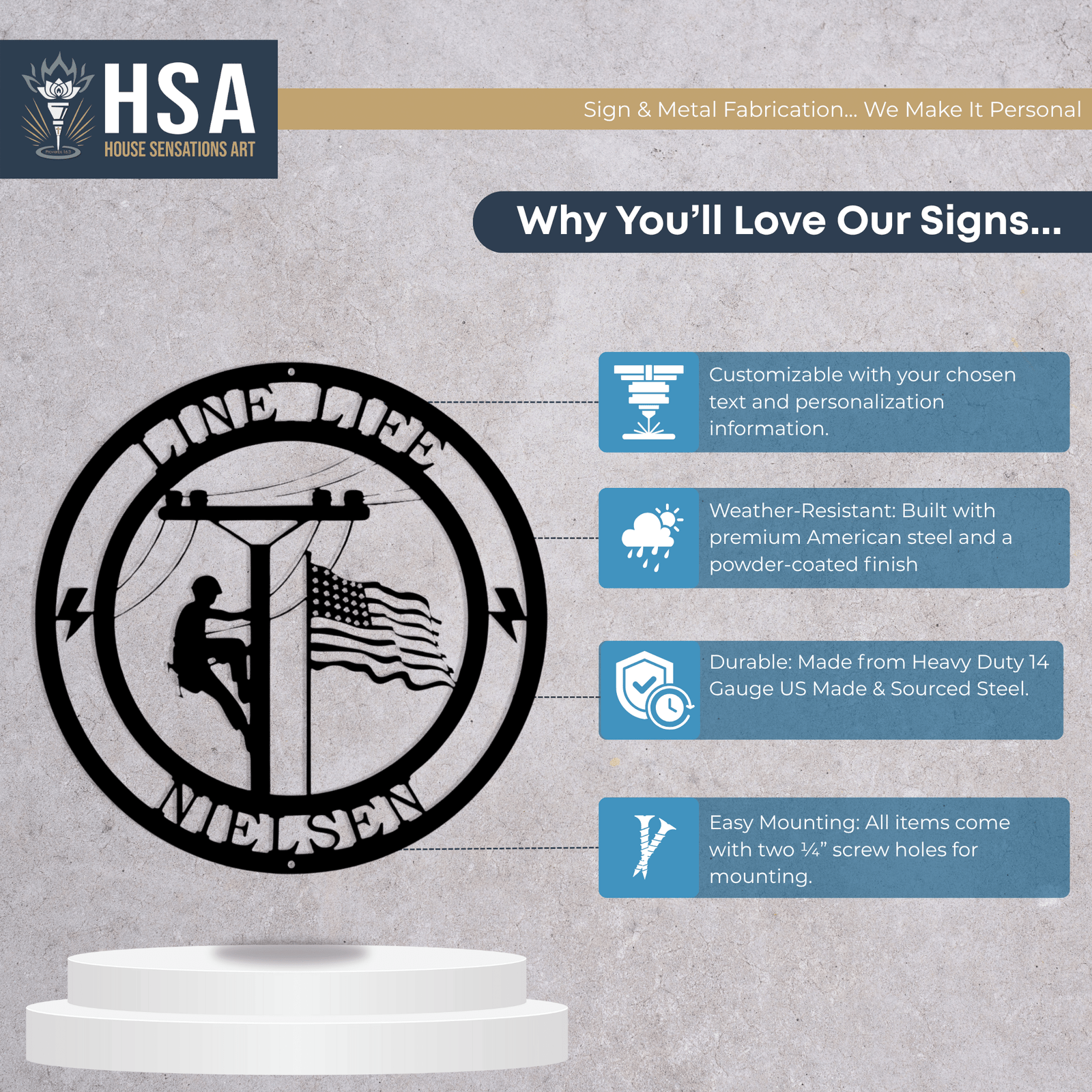 Lineman metal art piece with customizable text displayed on a gray background, featuring “HSA” branding and highlighting an industrial, patriotic design.
