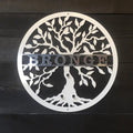Brushed silver tree metal sign with personalized text, custom metal wall art on wood backdrop, modern rustic décor, powder coated outdoor sign design
