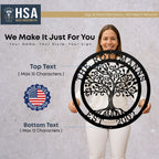 Woman displaying a personalized tree of life metal wall décor with customizable text, ideal for home décor or gifts, featuring HSA House Sensations Art branding.