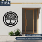 Personalized tree of life metal wall décor with "Rottmanns" text mounted on a house exterior, featuring HSA Sign & Metal Fabrication branding, ideal for custom home décor and outdoor personalized signage.