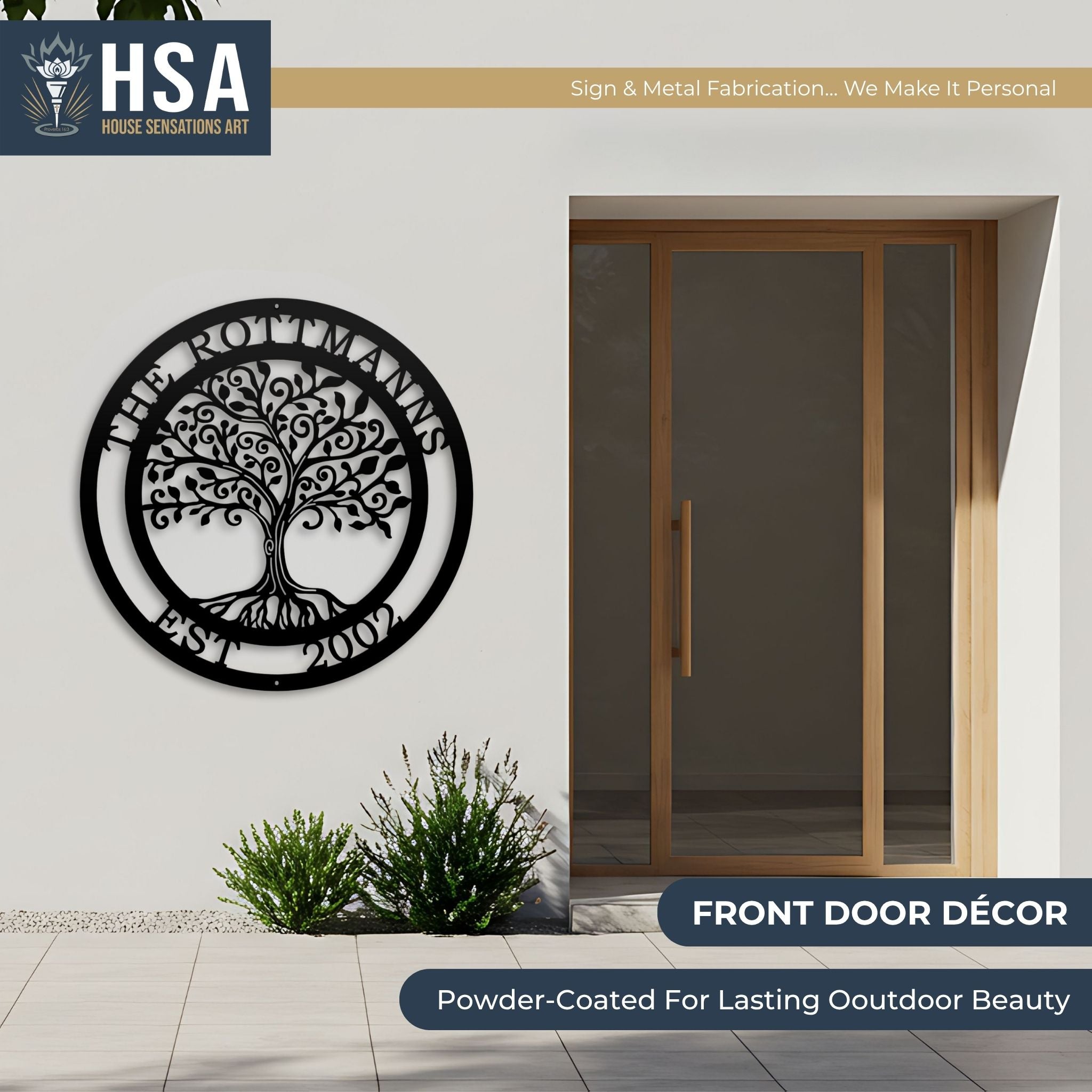 Personalized tree of life metal wall décor with "Rottmanns" text mounted on a house exterior, featuring HSA Sign & Metal Fabrication branding, ideal for custom home décor and outdoor personalized signage.