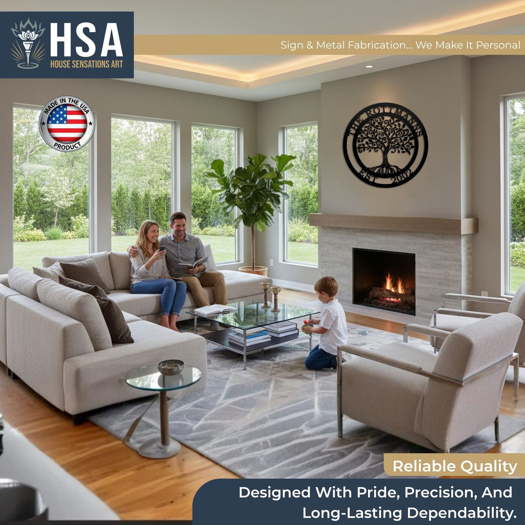 Modern living room with family, showcasing personalized tree of life metal wall décor, including HSA logo and text highlighting product quality, ideal for custom home décor and family spaces.