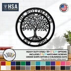 Personalized tree of life metal wall décor with intricate design, displayed on a white background, featuring HSA branding, ideal for custom home décor and personalized gifts.