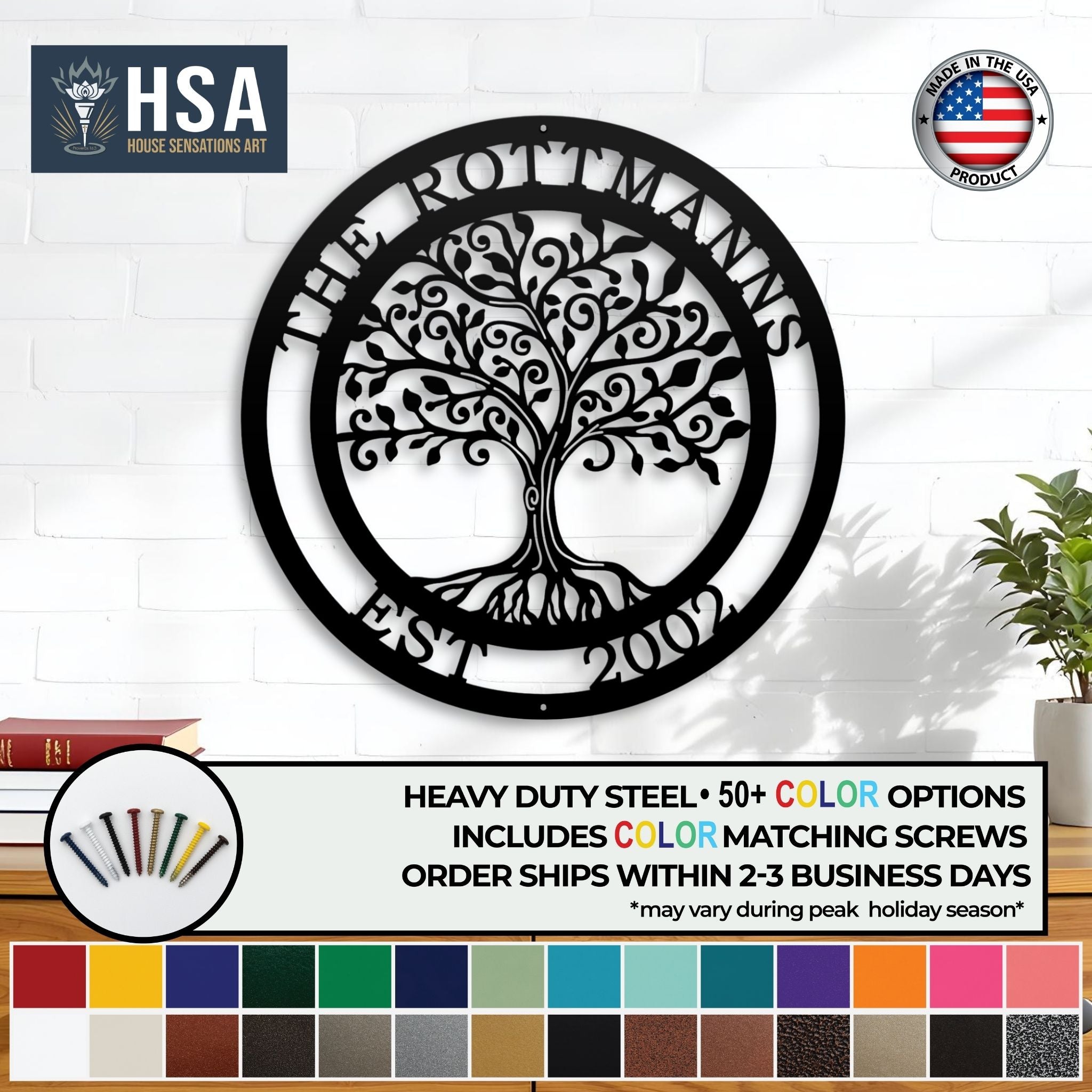 Personalized tree of life metal wall décor with intricate design, displayed on a white background, featuring HSA branding, ideal for custom home décor and personalized gifts.