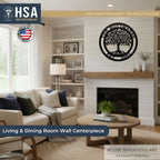 Living room featuring personalized tree of life metal wall décor, highlighting intricate design and HSA branding, ideal for custom home décor and accent wall installations.