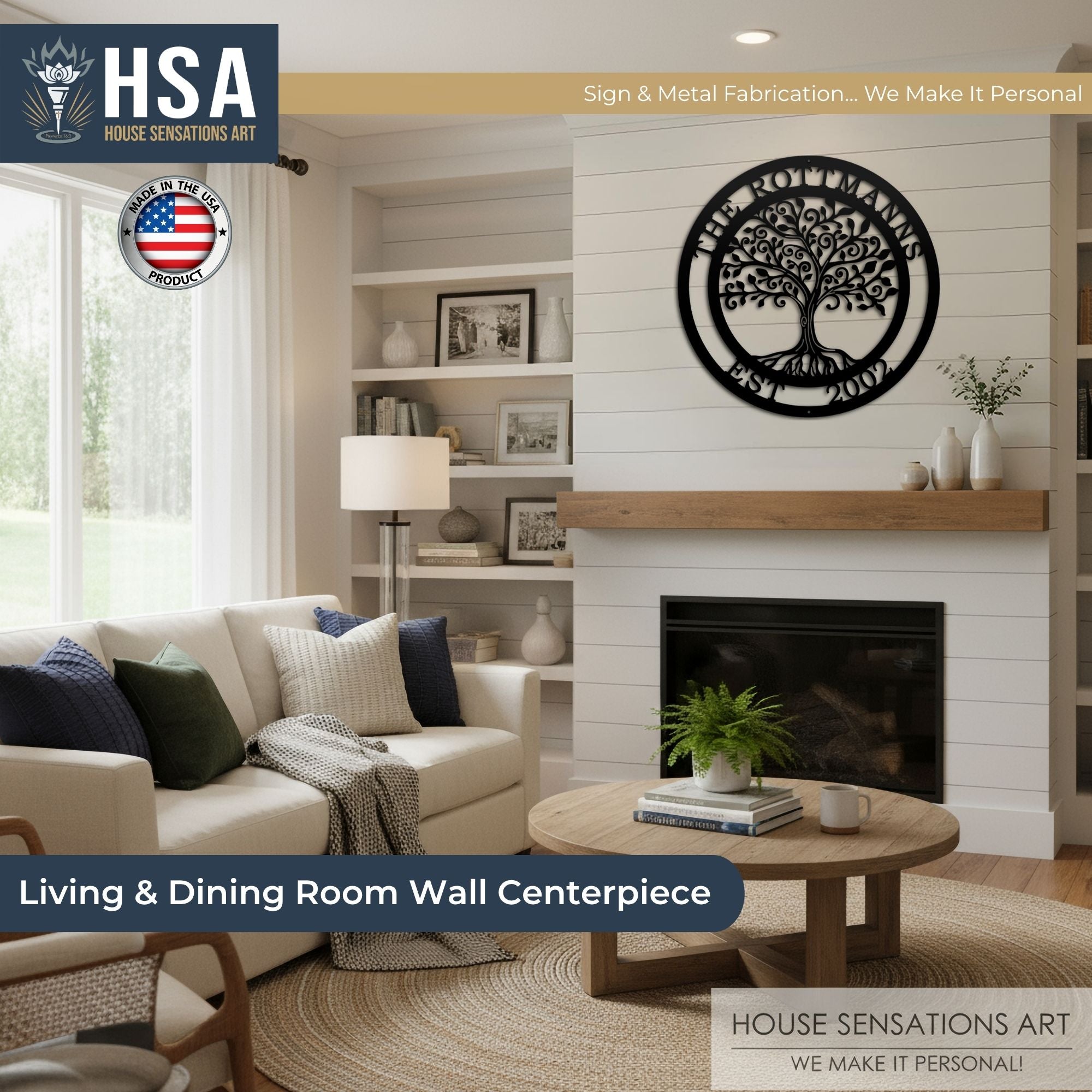 Living room featuring personalized tree of life metal wall décor, highlighting intricate design and HSA branding, ideal for custom home décor and accent wall installations.