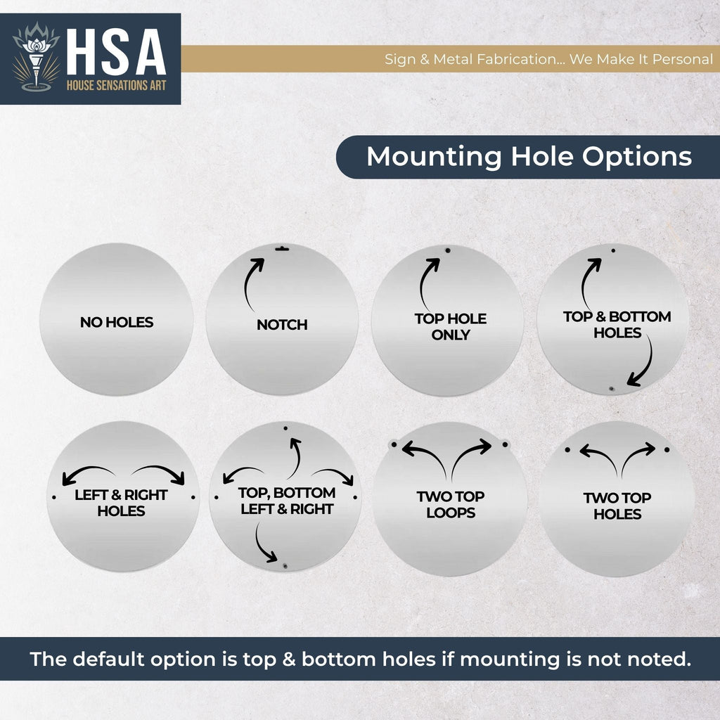 Illustrated chart displaying various mounting hole options for tree of life metal wall décor, highlighting installation flexibility, with HSA branding.