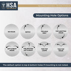 Illustrated chart displaying various mounting hole options for tree of life metal wall décor, highlighting installation flexibility, with HSA branding.